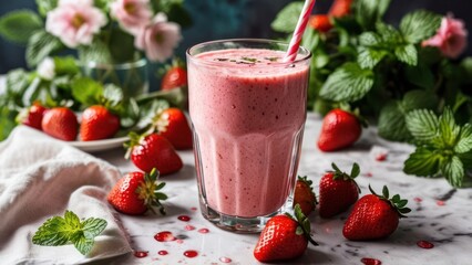a pink smoothie with strawberries and mint leaves