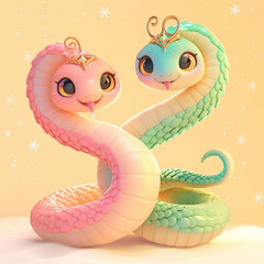 Fototapeta premium 2025 Two cartoon snakes are sitting next to each other on a yellow background. The snakes are green and pink, and they appear to be hugging each other. The image has a playful and friendly mood