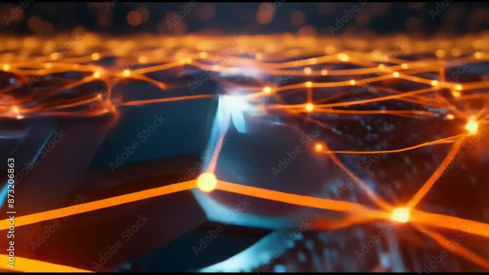 Poster digital data network with glowing lines and nodes on a dark background symbolizes connectivity, tech