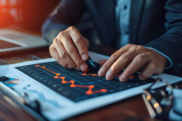 Fototapeta premium A person is pointing at a graph on a computer screen. Increasing diagram of inflation rate on virtual screen laptop. Inflation and stagnation. Abstract graphic symbolizing the economy of country