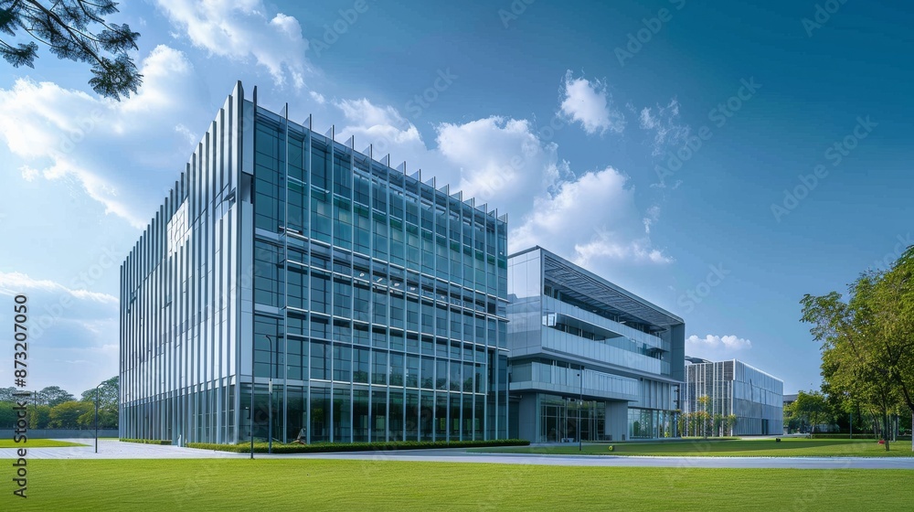 Wall mural Blue sky with clean background A simple office building is photographed three-quarters sideways, surrounded by green lawns