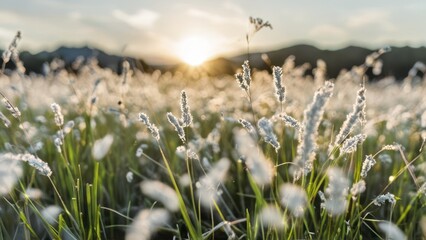  some grass that is next to a blurry sky,
