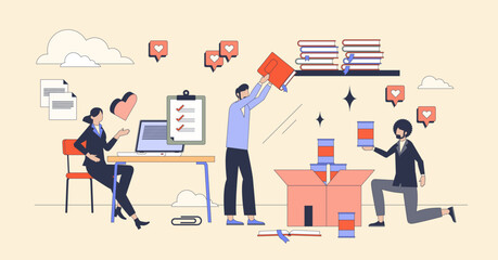 Volunteering and charity organization tiny person neubrutalism concept. Giving groceries and food products, books and stationary for school vector illustration. Social care box with support for poor.
