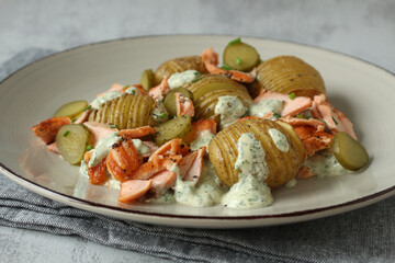 Hasselback Potato Salad with Pickles and Salmon trout