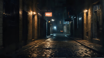 Fototapeta premium a dark alley with a sign on the side of it