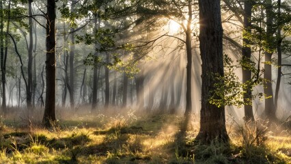 Obraz premium sunlight shining through the trees on a misty morning in the forest next to an empty field and treeline, and grass, and grasses are lightening with the branches,