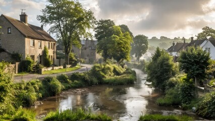 Obraz premium small stream and trees running through the village with misty skies approaching from houses behind it on both sides and trees around the river partially in the middle on each side of the other,