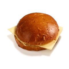 Burger isolated on dark background. Burger clipping path. Top view. Selective focus and copy space. 