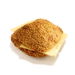 Burger isolated on dark background. Burger clipping path. Top view. Selective focus and copy space. 