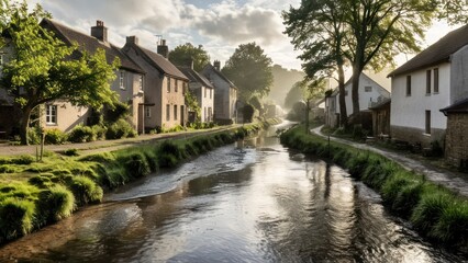  small stream and trees running through the village with misty skies approaching from houses behind it on both sides and trees around the river partially in the middle on each side of the other,