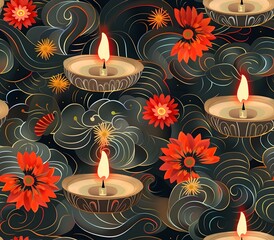 Enchanting Diwali Diya Seamless Pattern with Celestial Motifs Inspired by Ukiyo e Japanese Art