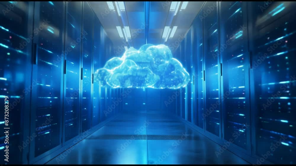 Poster cloud computing concept is represented by a blue cloud hovering in a server room surrounded by serve
