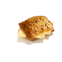 Burger isolated on dark background. Burger clipping path. Top view. Selective focus and copy space. 