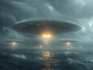 Obraz premium a futuristic scene of a UFO hovering over a body of water, surrounded by lightning, with rain falling, and the sky is dark and stormy.