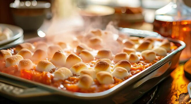 Thanksgiving day food, steaming sweet potato casserole topped with marshmallows in baking dish on table. Festive winter dish served for family dinner. Mashed sweet potato, autumn food