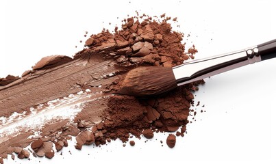 Fototapeta premium brush applying coffee powder to face on white background in high resolution, hyper realistic beauty product photography