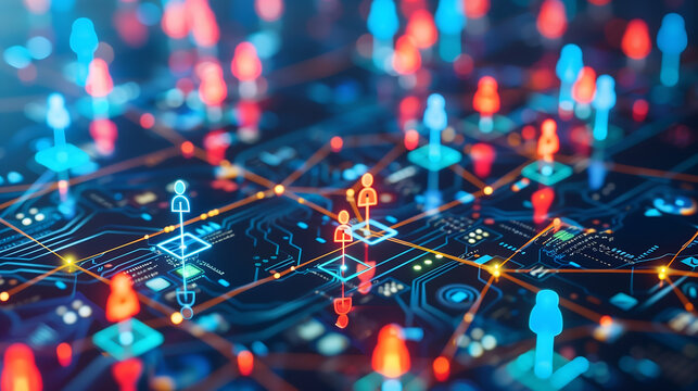 Abstract digital network with glowing people icons on a circuit board background, in the style of social media concept. High quality photo.