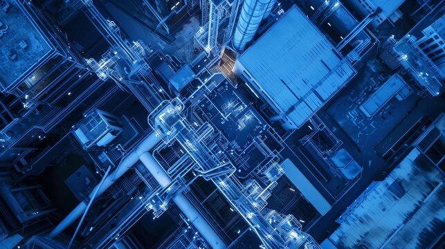 A minimalistic B2B aerial view of a complex industrial factory during blue hour, frosted glass texture, white background, sleek and modern design, simplified structures, clean lines, ample whitespace,