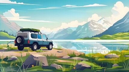 car for traveling with a lakes and mountains views, generative Ai