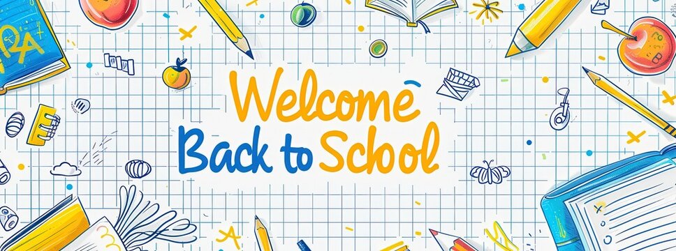 A colorful poster with pencils, pens, and other school supplies