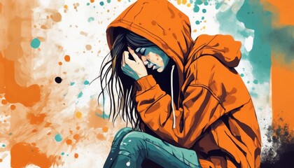 art style image of a sad teenage girl wearing an orange hoodie