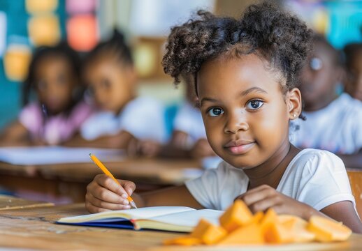A young girl is sitting at a desk with a pencil and a piece of paper