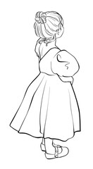 A little girl in a beautiful dress. Line art illustration.