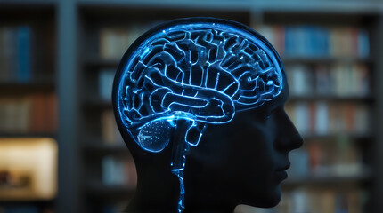 a head with a brain model in front of a bookcase