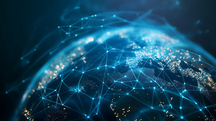 Global Network Connections Illuminated with Light in Dark Background