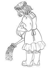 A little girl watering flowers. Line art  illustration.