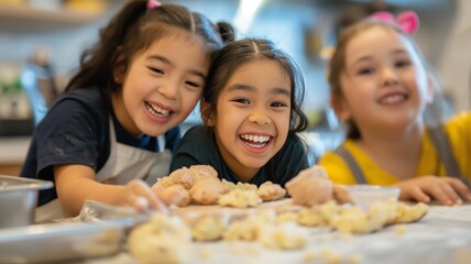 Three kids laugh and smile while baking together in a kitchen, making dough and enjoying the activity.