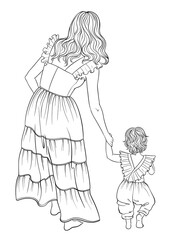 Mother and daughter. Line art  illustration