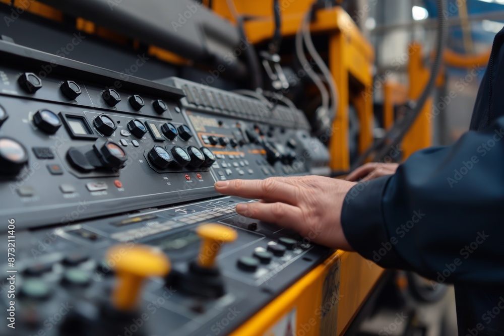 Poster a close-up of a hand operating a machine control panel in an industrial environment.