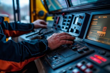 Operator using control console with screens and buttons in an industrial or technical setting.