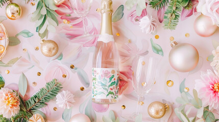 Merry Christmas and Happy New Year festive background with champagne and glass