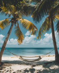 Serene Tropical Beach Scene with Hammock and Palm Trees