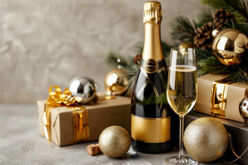 Naklejka premium Merry Christmas and Happy New Year festive background with champagne and glass