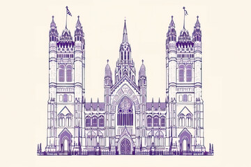 Fototapeta premium Risograph riso print travel poster, card, wallpaper banner illustration, modern, clear, simple of Westminster Abbey, London, England. Artistic, landmark printing, stencil backdrop background