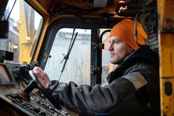 Machine operator in cab, steering controls with a focused look.
