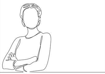 Single one line drawing of young smart businesswoman standing and cross her arms on chest. Business finance growth minimal concept. Modern continuous line draw design graphic vector illustration
