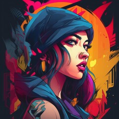 Naklejka premium A vibrant painting of a lady adorned in a hood and earrings, reflecting artistry and creativity with a mix of purple hues and cool tones