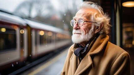 Obraz premium Man in station hall tearfully watches departing train, saying goodbye to loved one