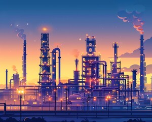 Fototapeta premium Oil refinery plant at sunset, complex industrial structures, detailed and realistic design, vibrant colors, highquality illustration, isolated on white background