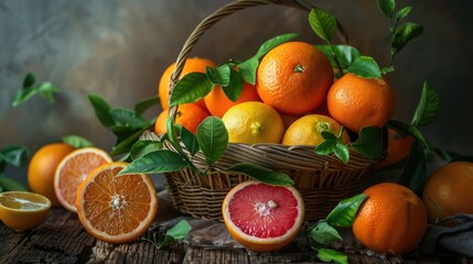 A basket of oranges and lemons on a wooden table. The basket is full of oranges and lemons, with some oranges being cut in half. The oranges and lemons are arranged in a way that they look fresh