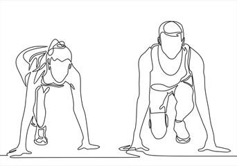 Man and woman low start position running. Running competition or gender race. Faster sportsman achieve victory. Sport challenge for couples. Everyone has chance. Equal forces concept.