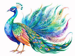 Obraz premium Watercolor Peacock with a Stunning Ombre Effect isolated on a white background 