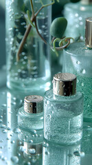 Elegant Glass Cosmetic Bottles Covered with Water Droplets