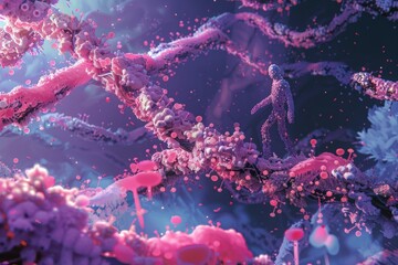 Abstract Figure Walking on a Pink and Purple Landscape.