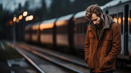 Fototapeta premium Middle aged man wiping tears on station platform after emotional farewell to loved one