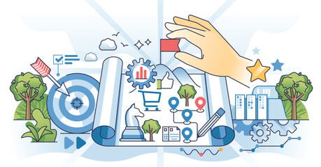 Brand positioning strategies for sales commerce market outline hands concept. Product awareness, company advertisements and marketing campaign planning vector illustration. Customer niche strategy.